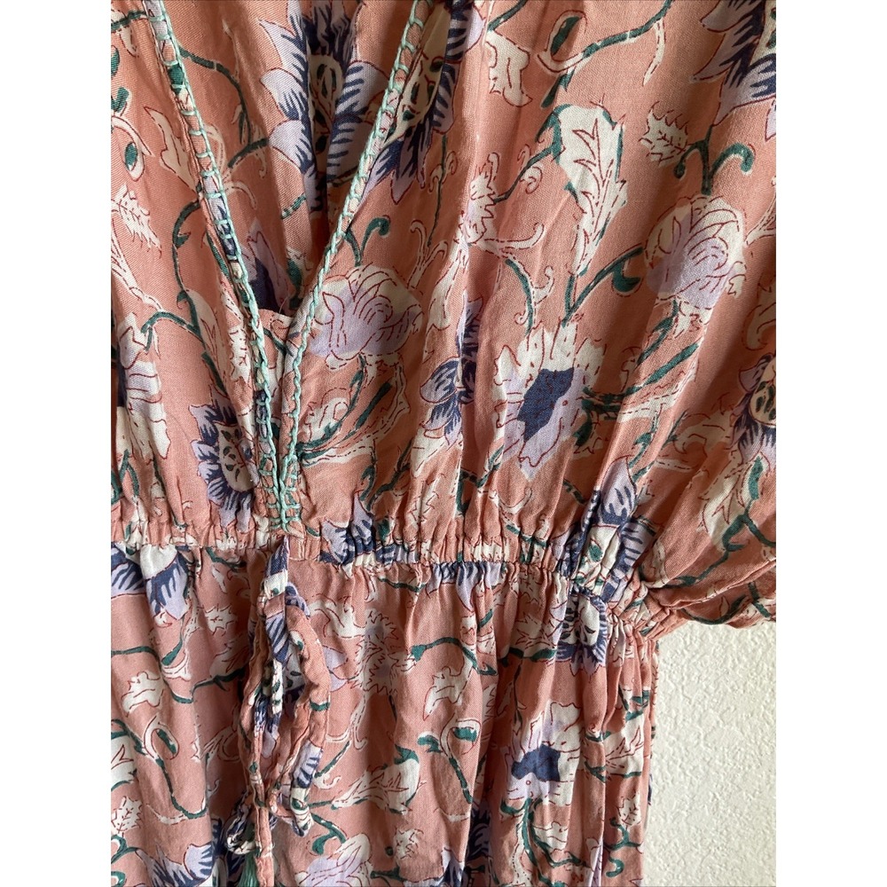 World Market Pink Floral Boho Maxi Dress L/XL Viscose Tassel Kaftan Festival - Picture 3 of 8